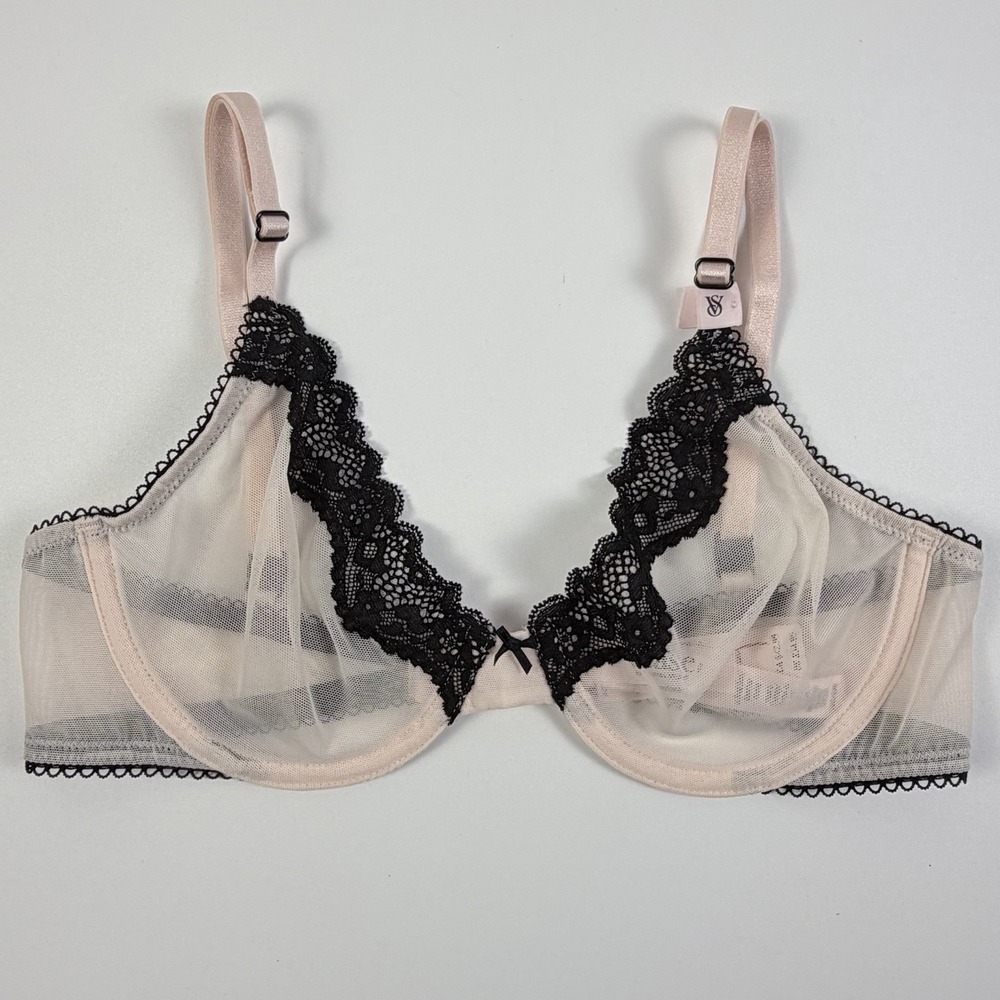 Victoria's Secret Tease Unlined Demi Bra Soft Pink Mesh Sheer Black Lace 32D NWT